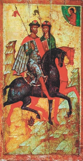 Борис и Глеб на конях. Икона середины XIV века