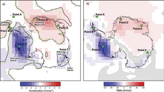 Динамика изменения ледового покрытия в Антарктиде с марта 2003 года по июль 2012 года. На рисунке (а) показано ускорение, а на рисунке (б) — скорость.  Зелеными точками отмечены участки детального рассмотрения в оригинальной статье [1]. синие цвета означают потерю льда, а красные — накопление