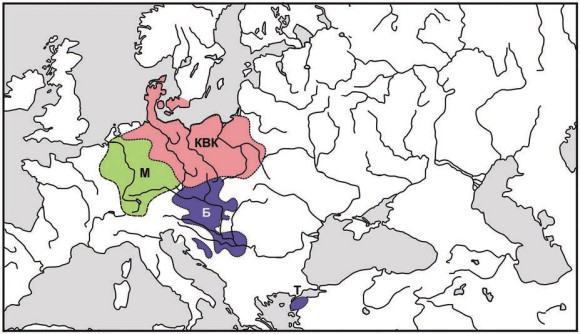 Условные обозначения: КВК — культура воронковидных кубков, Б — баденская культура, М — михельсбергская культура, Т — Троя