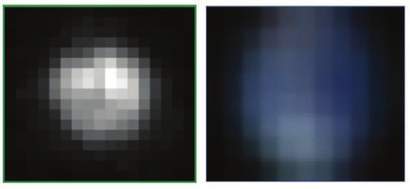 О том, как мало мы видим на Плутоне с помощью лучших телескопов, можно судить по этой картинке. Слева — снимок карликовой планеты от космического телескопа «Хаббл», справа — изображение Земли в таком же разрешении.  Фото А. Штерн