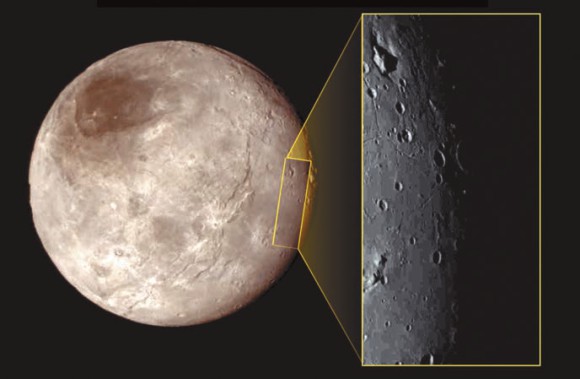 Спутник Плутона Харон. В левом верхнем углу врезки видна странная деталь рельефа — гора в углублении. Размер врезки по вертикали — около 390 км