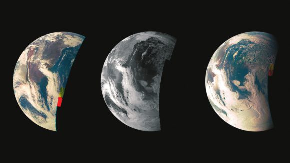Снимки Земли, полученные JunoCam во время близкого пролета 9 октября 2013 года. «Юнона» совершила гравитационный маневр у Земли (в 559 км от ее поверхности) для разгона аппарата. Фото NASA/JPL-Caltech/MSSS