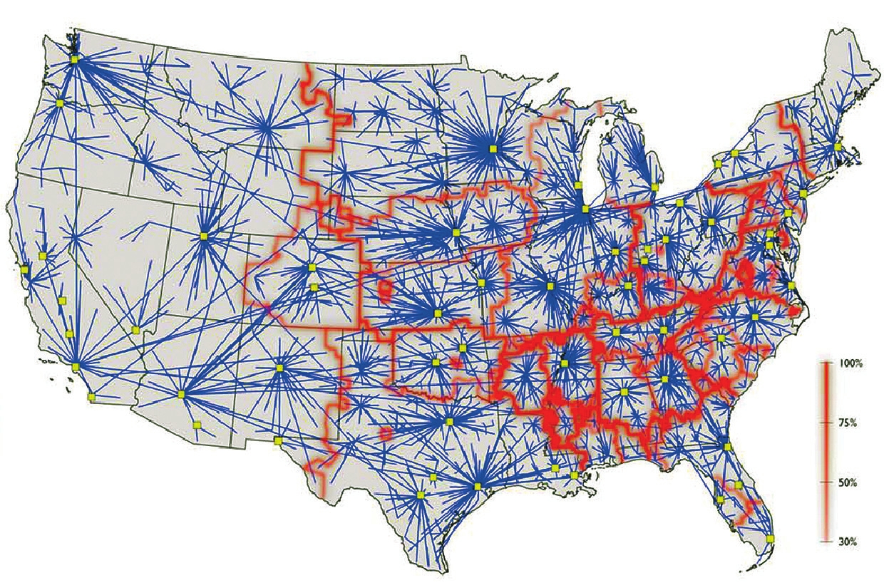 Рис. 6. Сеть потока банкнот в США [7]. Синим цветом показаны важные ребра, красным — границы модулей, желтые квадраты — большие города