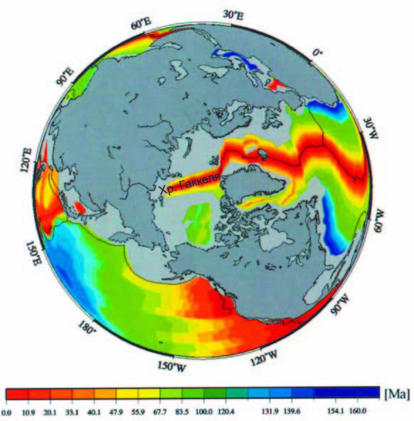 Рис. 2. Возраст океанического дна, образовавшегося в результате спрединга по срединно-океаническим хребтам. Возраст показан различным цветом. Ма - млн лет [4].